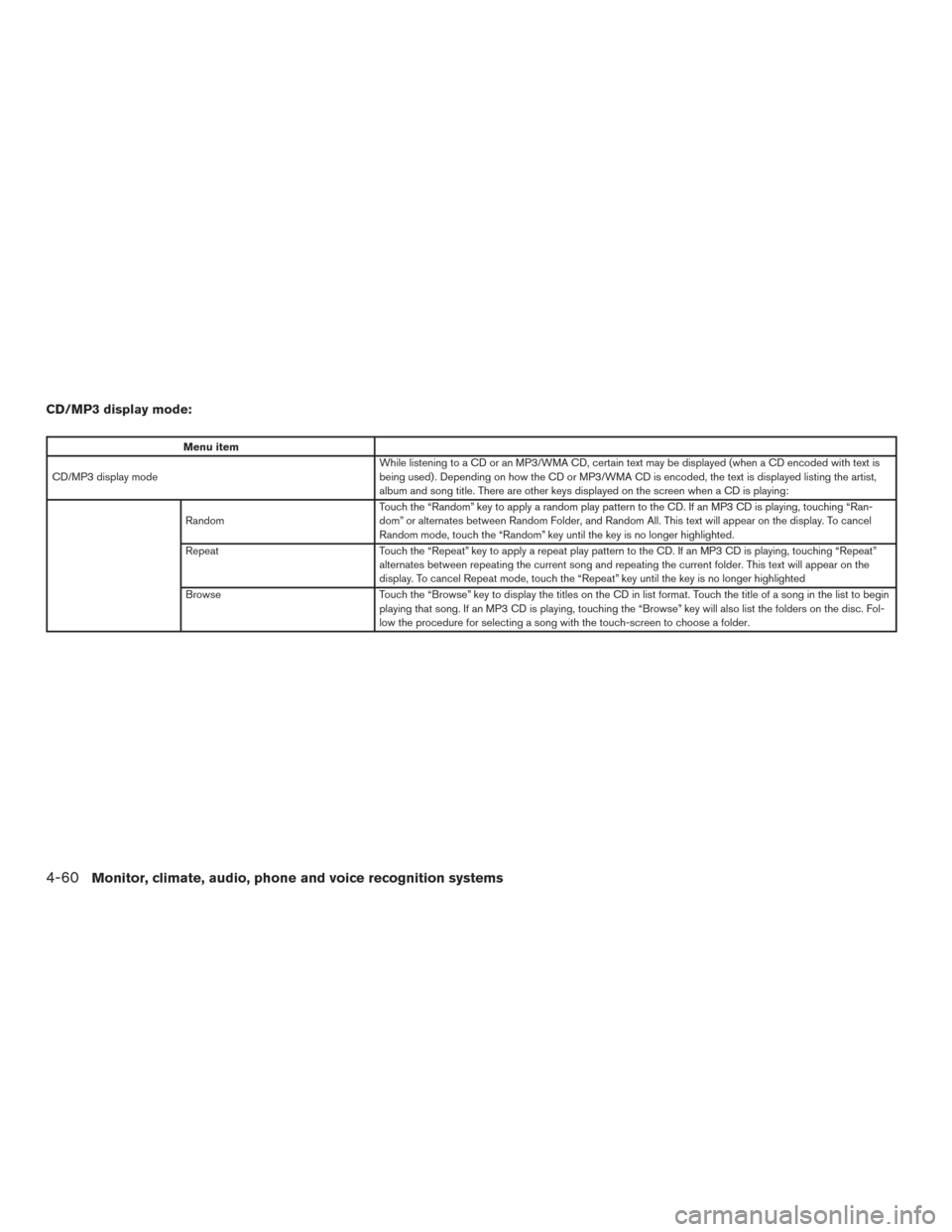 NISSAN VERSA NOTE 2015 2.G Owners Manual CD/MP3 display mode:
Menu item
CD/MP3 display mode While listening to a CD or an MP3/WMA CD, certain text may be displayed (when a CD encoded with text is
being used) . Depending on how the CD or MP3/