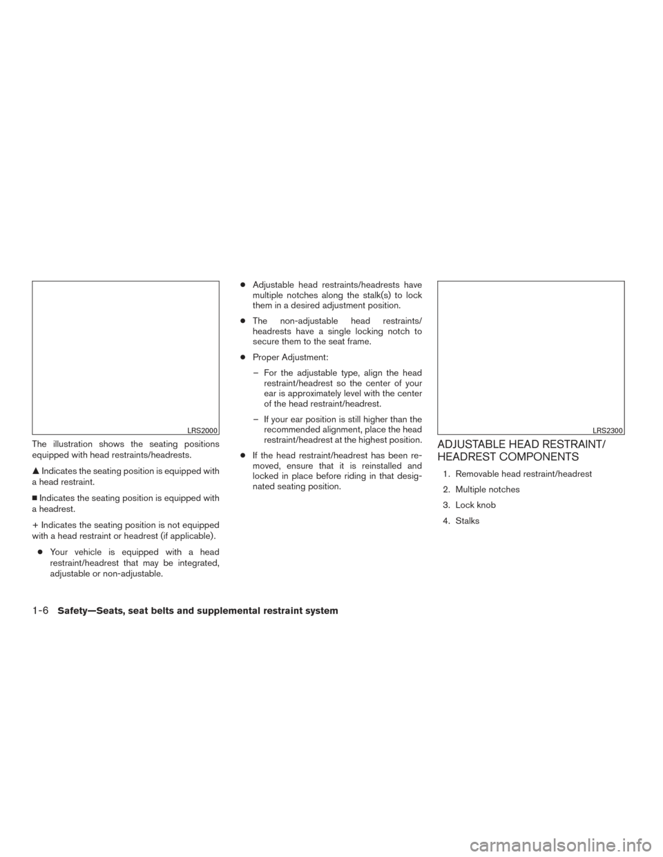 NISSAN VERSA NOTE 2015 2.G Owners Manual The illustration shows the seating positions
equipped with head restraints/headrests.
Indicates the seating position is equipped with
a head restraint.
Indicates the seating position is equipped wi NISSAN VERSA NOTE 2015 2.G Owners Manual The illustration shows the seating positions
equipped with head restraints/headrests.
Indicates the seating position is equipped with
a head restraint.
Indicates the seating position is equipped wi