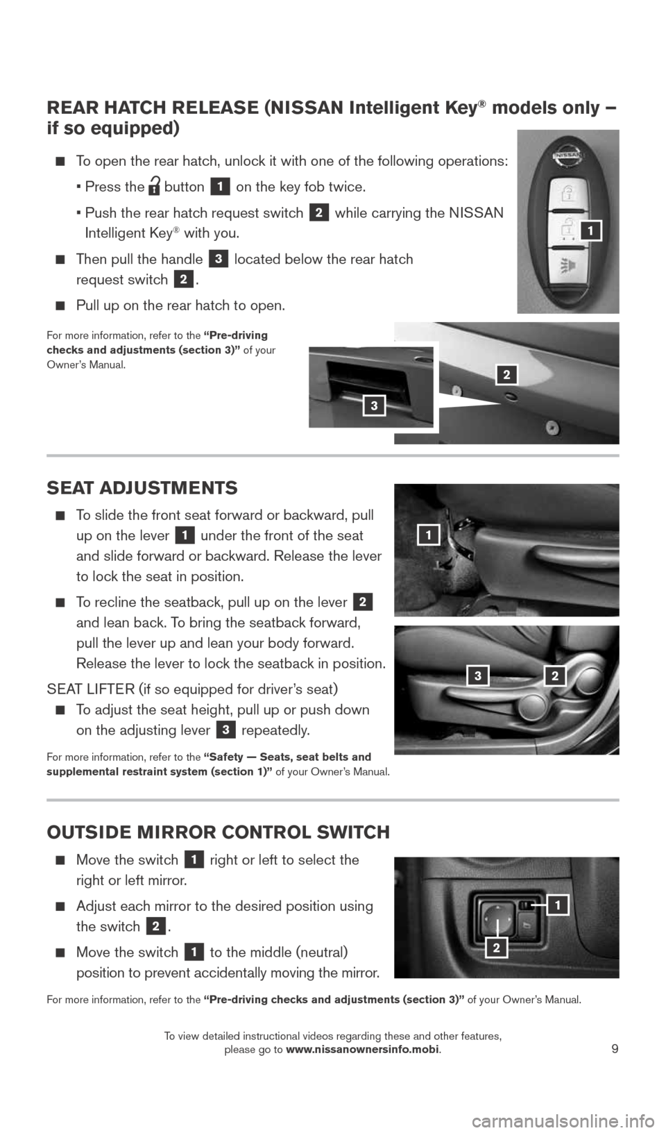 NISSAN VERSA NOTE 2015 2.G Quick Reference Guide 9
REAR HATCH RELEASE (NISSAN Intelligent Key® models only – 
if so equipped)
   To open the rear hatch, unlock it with one of the following operations:
    • Press the
 
 button
 1 on the key fob