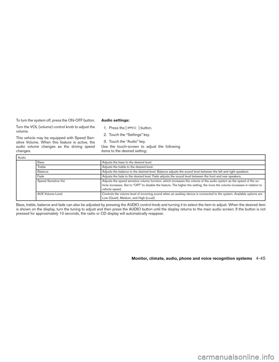 NISSAN VERSA SEDAN 2015 2.G Owners Manual To turn the system off, press the ON-OFF button.
Turn the VOL (volume) control knob to adjust the
volume.
This vehicle may be equipped with Speed Sen-
sitive Volume. When this feature is active, the
a NISSAN VERSA SEDAN 2015 2.G Owners Manual To turn the system off, press the ON-OFF button.
Turn the VOL (volume) control knob to adjust the
volume.
This vehicle may be equipped with Speed Sen-
sitive Volume. When this feature is active, the
a