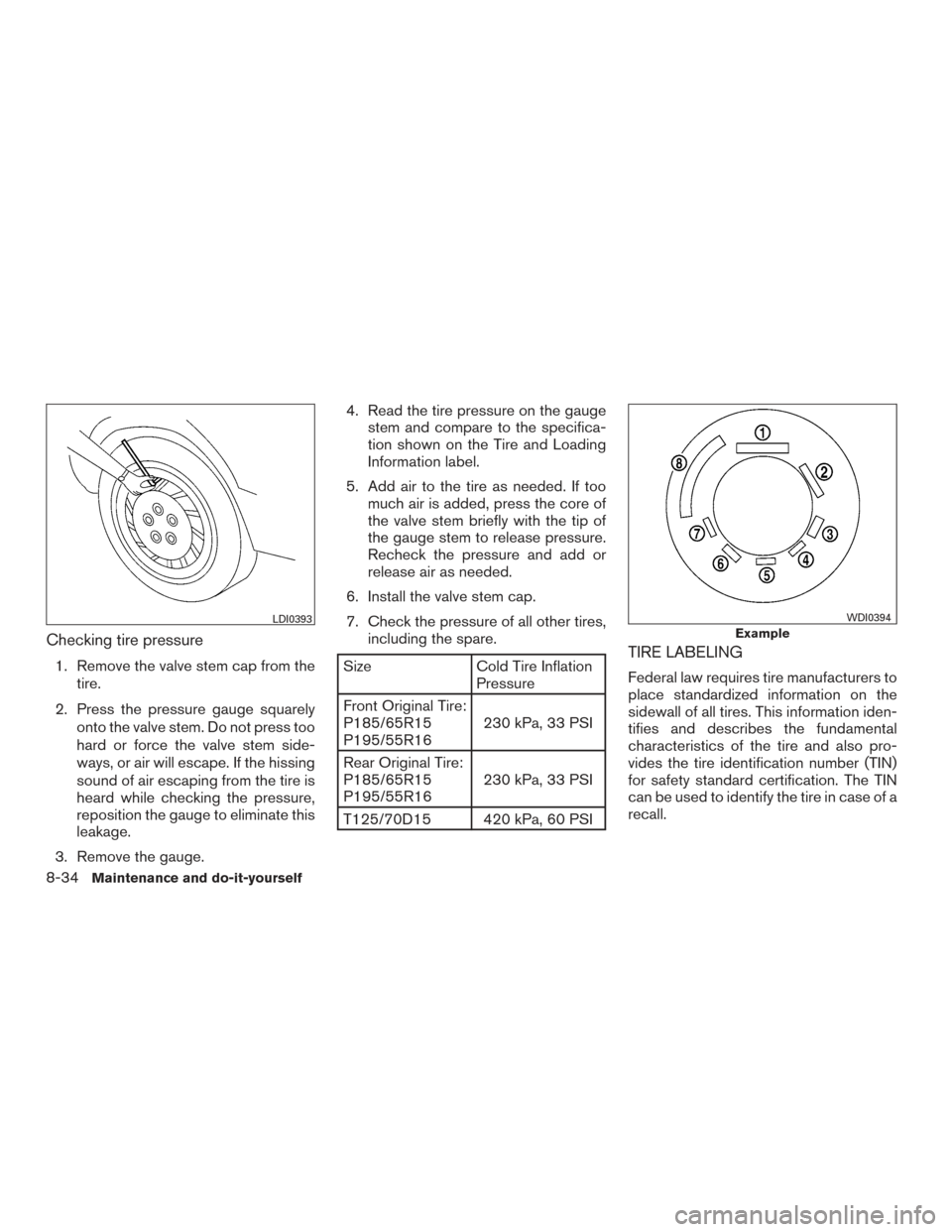 NISSAN VERSA SEDAN 2015 2.G Owners Manual Checking tire pressure
1. Remove the valve stem cap from thetire.
2. Press the pressure gauge squarely onto the valve stem. Do not press too
hard or force the valve stem side-
ways, or air will escape NISSAN VERSA SEDAN 2015 2.G Owners Manual Checking tire pressure
1. Remove the valve stem cap from thetire.
2. Press the pressure gauge squarely onto the valve stem. Do not press too
hard or force the valve stem side-
ways, or air will escape