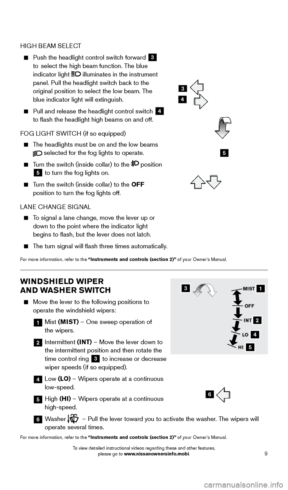 NISSAN VERSA SEDAN 2015 2.G Quick Reference Guide 9
WINDSHIELD WIPER
AND WASHER SWITCH
Move the lever to the following positions to
operate the windshield wipers:
1 Mist (MIST) – One sweep operation of
the wipers.
2 Intermittent (I NISSAN VERSA SEDAN 2015 2.G Quick Reference Guide 9
WINDSHIELD WIPER
AND WASHER SWITCH
Move the lever to the following positions to
operate the windshield wipers:
1 Mist (MIST) – One sweep operation of
the wipers.
2 Intermittent (I
