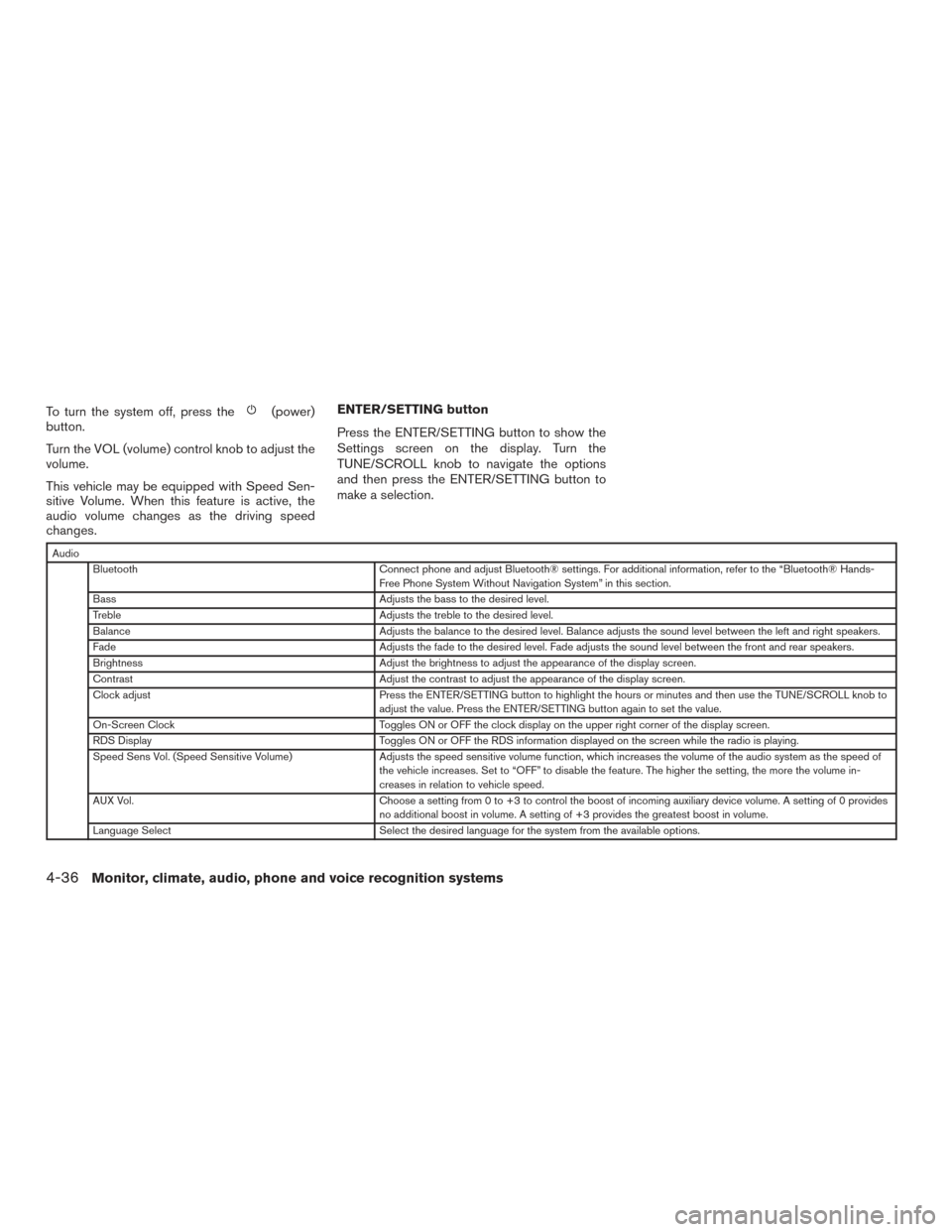 NISSAN XTERRA 2015 N50 / 2.G Owners Manual To turn the system off, press the(power)
button.
Turn the VOL (volume) control knob to adjust the
volume.
This vehicle may be equipped with Speed Sen-
sitive Volume. When this feature is active, the
a