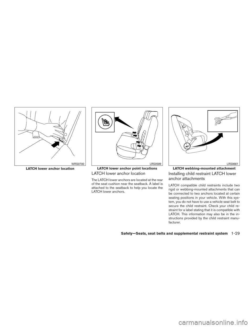 NISSAN XTERRA 2015 N50 / 2.G Owners Manual LATCH lower anchor location
The LATCH lower anchors are located at the rear
of the seat cushion near the seatback. A label is
attached to the seatback to help you locate the
LATCH lower anchors.
Insta