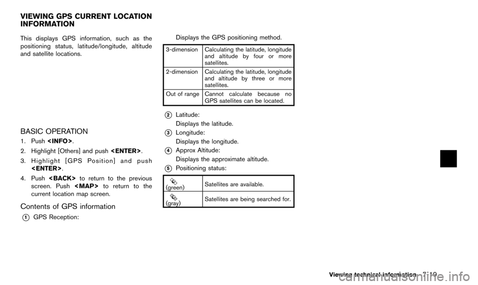 NISSAN QUEST 2016 RE52 / 4.G 08IT Navigation Manual This displays GPS information, such as the
positioning status, latitude/longitude, altitude
and satellite locations.
BASIC OPERATION
1. Push<INFO>.
2. Highlight [Others] and push <ENTER>.
3. Highlight