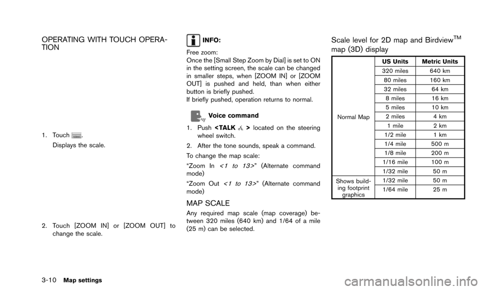 NISSAN QUEST 2016 RE52 / 4.G 08IT Navigation Manual 3-10Map settings
OPERATING WITH TOUCH OPERA-
TION
1. Touch.
Displays the scale.
2. Touch [ZOOM IN] or [ZOOM OUT] to change the scale.
INFO:
Free zoom:
Once the [Small Step Zoom by Dial] is set to ON
i