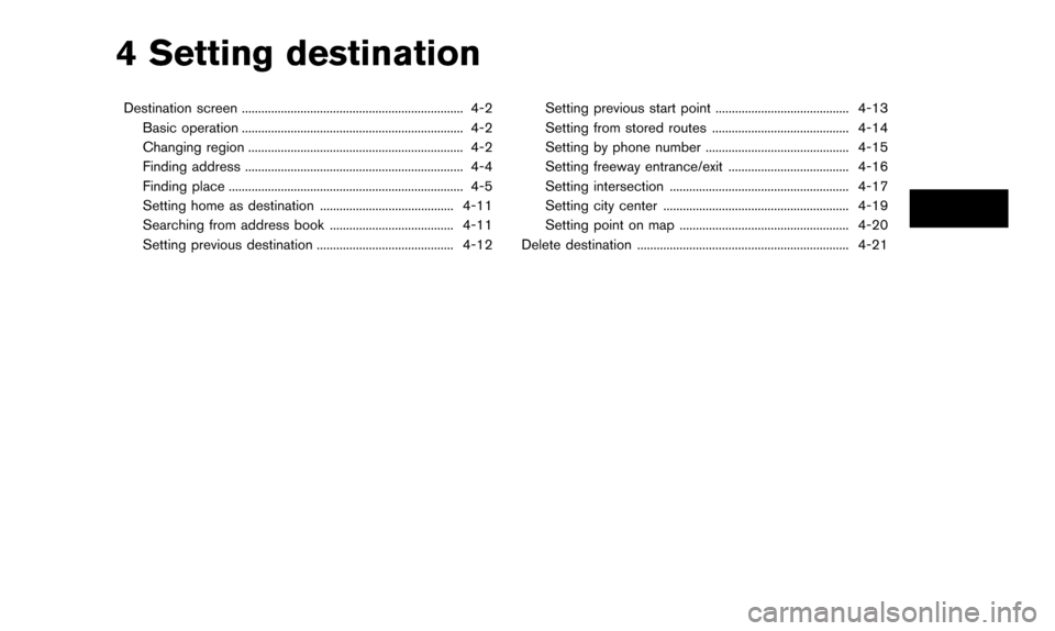 NISSAN QUEST 2016 RE52 / 4.G 08IT Navigation Manual 4 Setting destination
Destination screen .................................................................... 4-2Basic operation .................................................................... 4- NISSAN QUEST 2016 RE52 / 4.G 08IT Navigation Manual 4 Setting destination
Destination screen .................................................................... 4-2Basic operation .................................................................... 4-