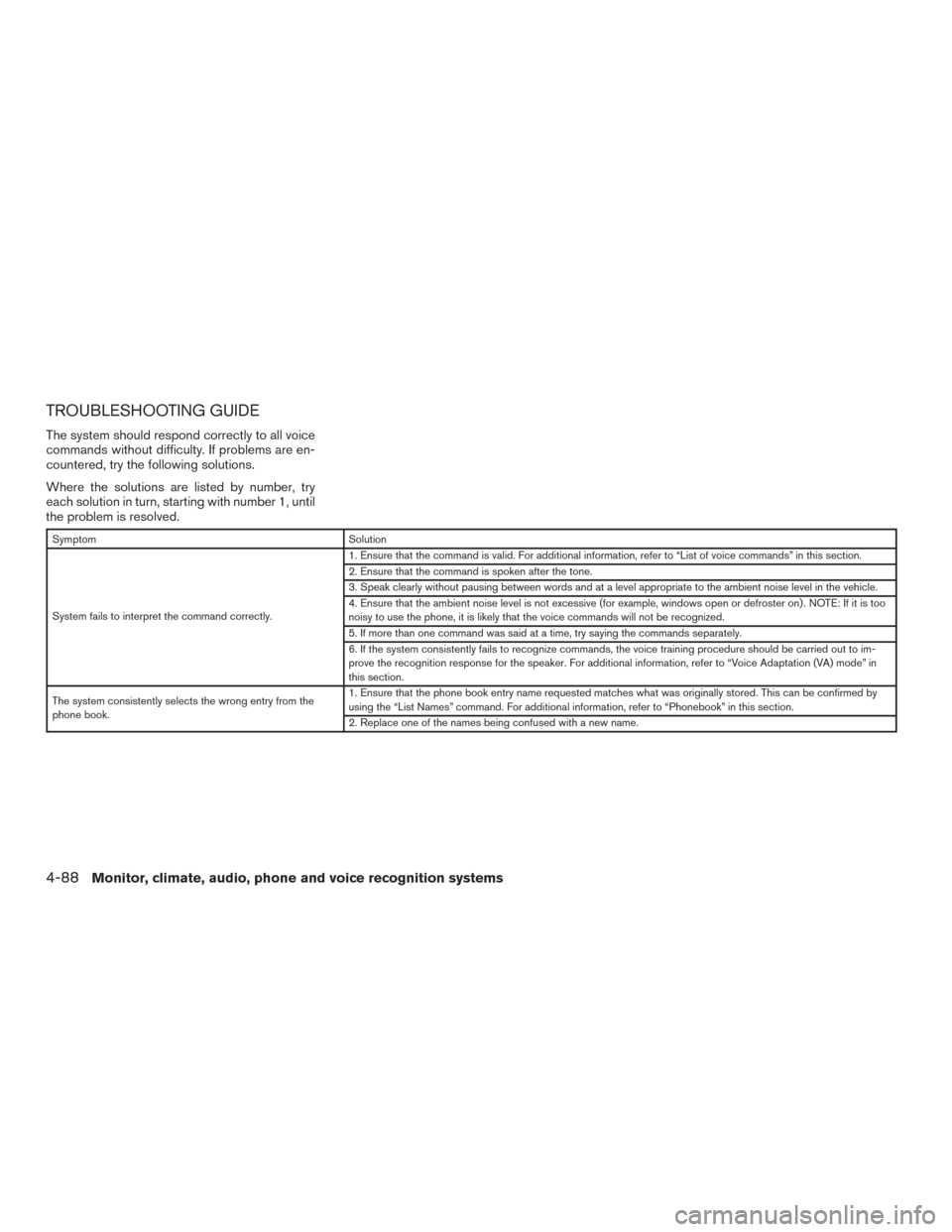 NISSAN ALTIMA 2016 L33 / 5.G Owners Manual TROUBLESHOOTING GUIDE
The system should respond correctly to all voice
commands without difficulty. If problems are en-
countered, try the following solutions.
Where the solutions are listed by number NISSAN ALTIMA 2016 L33 / 5.G Owners Manual TROUBLESHOOTING GUIDE
The system should respond correctly to all voice
commands without difficulty. If problems are en-
countered, try the following solutions.
Where the solutions are listed by number