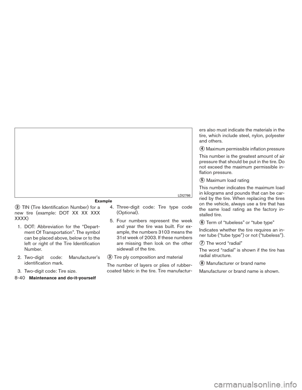 NISSAN ALTIMA 2016 L33 / 5.G Owners Manual 2TIN (Tire Identification Number) for a
new tire (example: DOT XX XX XXX
XXXX)
1. DOT: Abbreviation for the “Depart- ment Of Transportation”. The symbol
can be placed above, below or to the
left NISSAN ALTIMA 2016 L33 / 5.G Owners Manual 2TIN (Tire Identification Number) for a
new tire (example: DOT XX XX XXX
XXXX)
1. DOT: Abbreviation for the “Depart- ment Of Transportation”. The symbol
can be placed above, below or to the
left