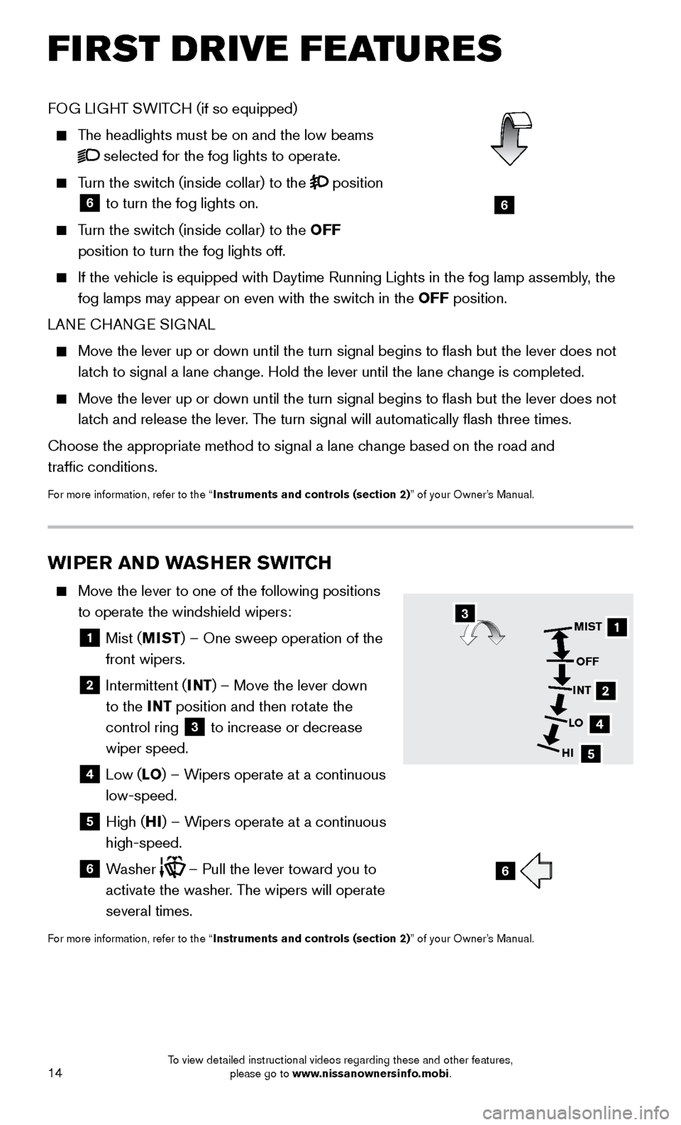 NISSAN ALTIMA 2016 L33 / 5.G Quick Reference Guide 14
FOG LIGHT SWITCH (if so equipped)
The headlights must be on and the low beams
selected for the fog lights to operate.
Turn the switch (inside collar) to the position
6 to turn the fog l NISSAN ALTIMA 2016 L33 / 5.G Quick Reference Guide 14
FOG LIGHT SWITCH (if so equipped)
The headlights must be on and the low beams
selected for the fog lights to operate.
Turn the switch (inside collar) to the position
6 to turn the fog l