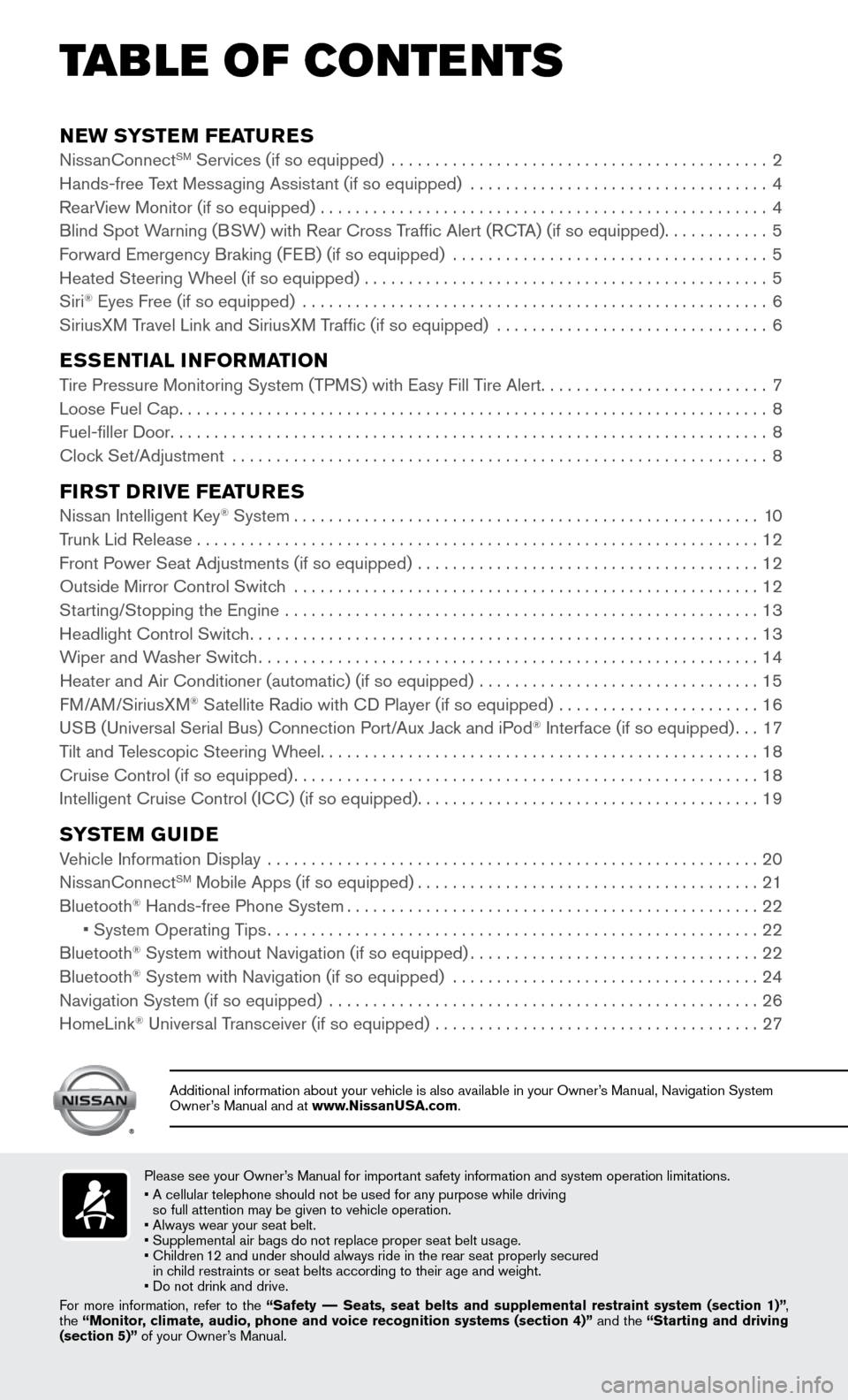 NISSAN ALTIMA 2016 L33 / 5.G Quick Reference Guide NEW SYSTEM FEATURESNissanConnectSM Services (if so equipped) ...........................................2
Hands-free Text Mess aging Assistant (if so equipped) ..................................4 
Rea