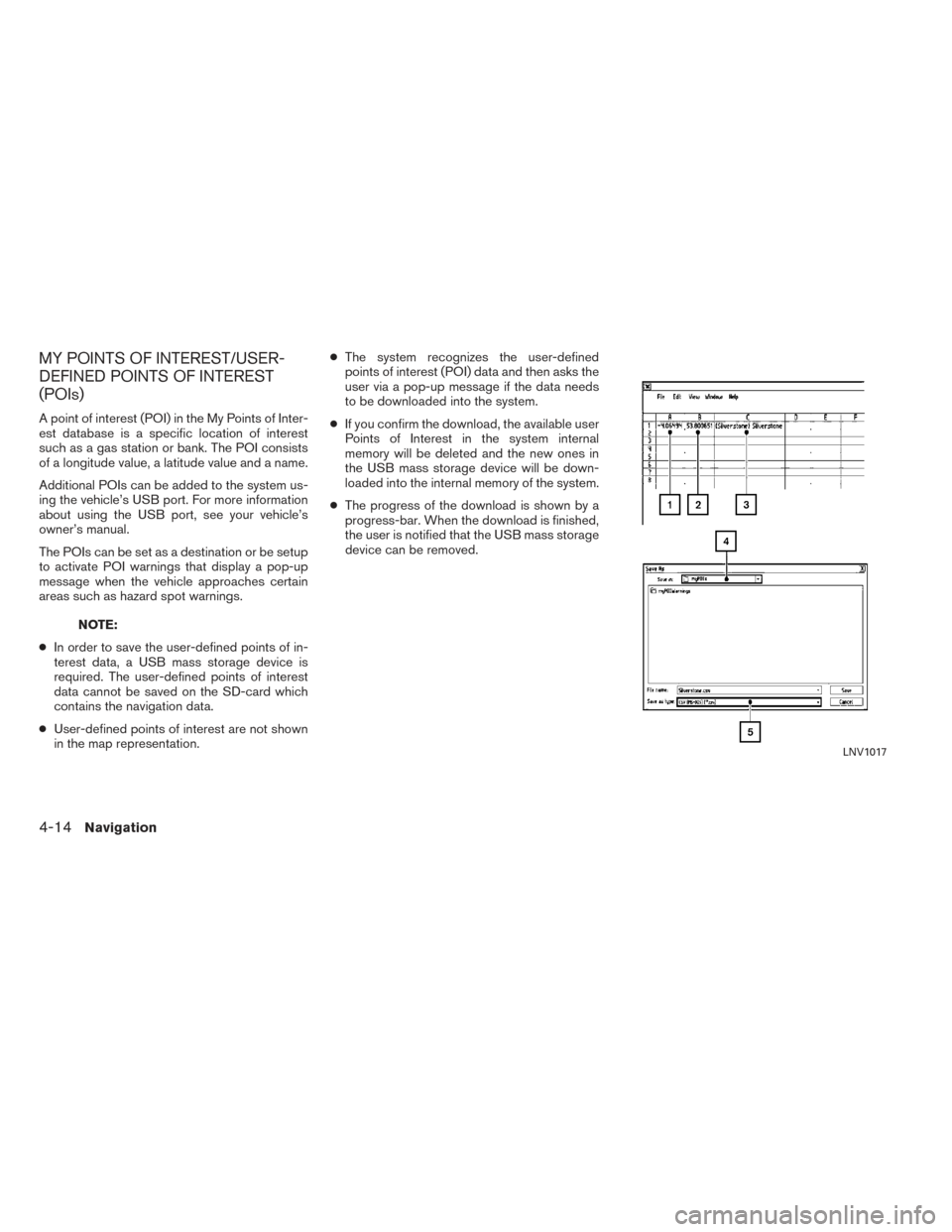 NISSAN VERSA 2016 1.G LC2 Kai Navigation Manual MY POINTS OF INTEREST/USER-
DEFINED POINTS OF INTEREST
(POIs)
A point of interest (POI) in the My Points of Inter-
est database is a specific location of interest
such as a gas station or bank. The PO NISSAN VERSA 2016 1.G LC2 Kai Navigation Manual MY POINTS OF INTEREST/USER-
DEFINED POINTS OF INTEREST
(POIs)
A point of interest (POI) in the My Points of Inter-
est database is a specific location of interest
such as a gas station or bank. The PO
