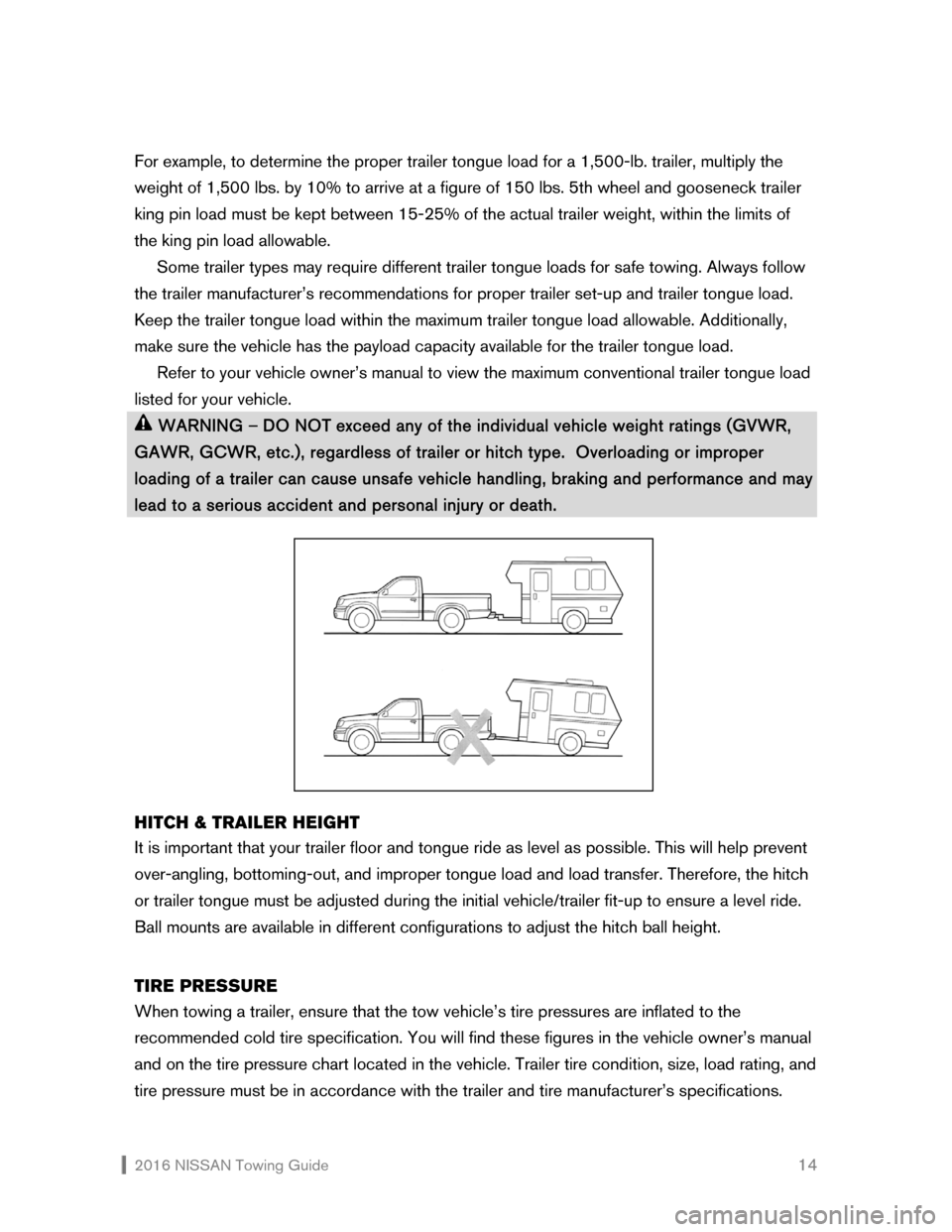 NISSAN GT-R 2016 R35 Towing Guide  2016 NISSAN Towing Guide    14
For example, to determine the proper trailer tongue load for a 1,500-lb. trailer, multiply the 
weight of 1,500 lbs. by 10% to arrive at a figure of 150 lbs. 5th wheel 