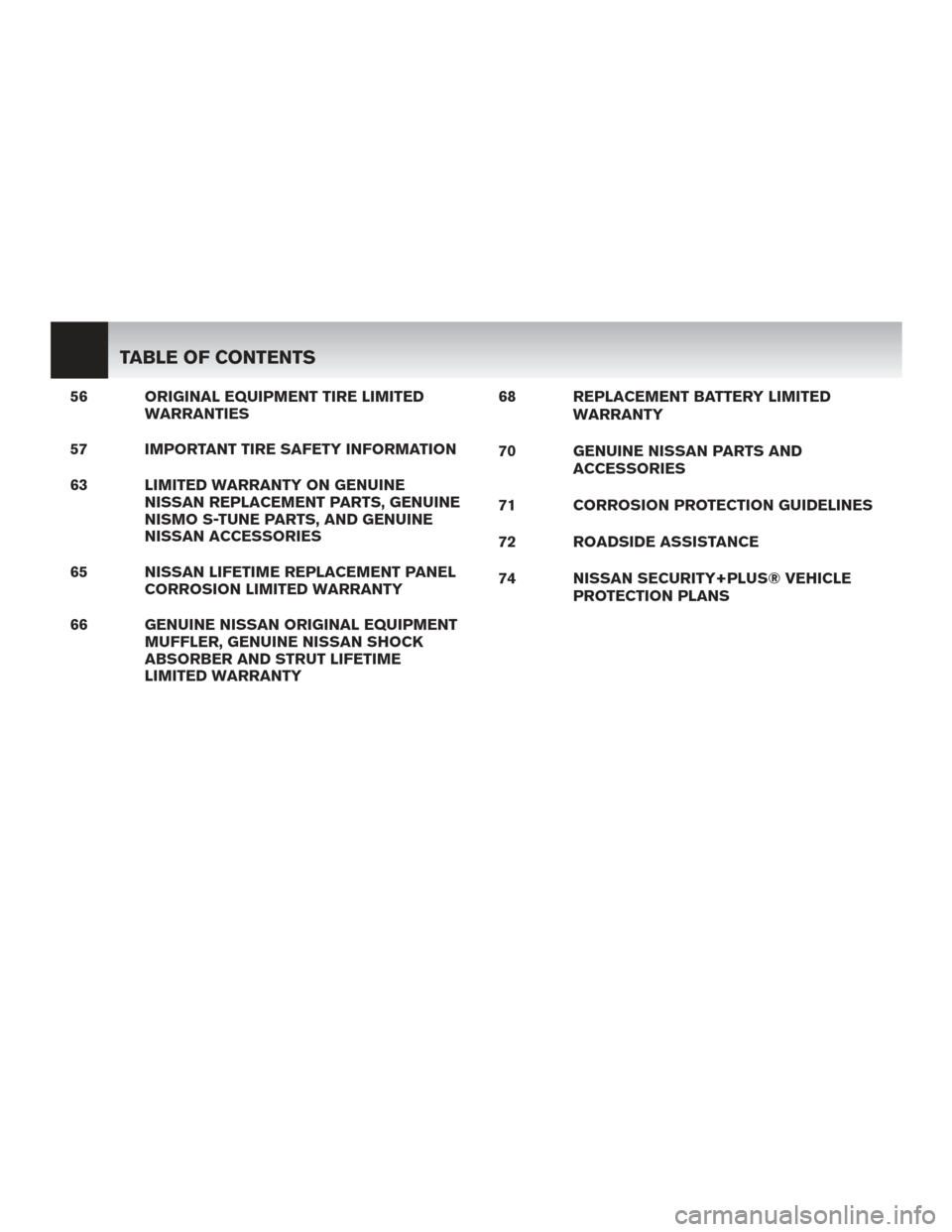 NISSAN GT-R 2016 R35 Warranty Booklet 56 ORIGINAL EQUIPMENT TIRE LIMITEDWARRANTIES
57 IMPORTANT TIRE SAFETY INFORMATION
63 LIMITED WARRANTY ON GENUINE NISSAN REPLACEMENT PARTS, GENUINE
NISMO S-TUNE PARTS, AND GENUINE
NISSAN ACCESSORIES
65