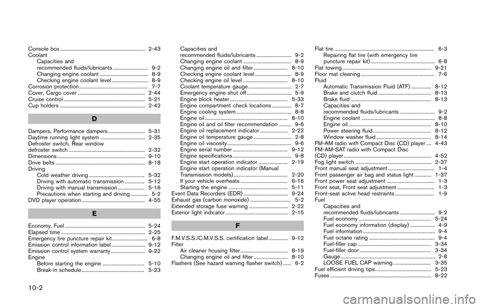 NISSAN 370Z COUPE 2016 Z34 Owners Manual 10-2
Console box ................................................................. 2-43
CoolantCapacities and
recommended fluids/lubricants ........................... 9-2
Changing engine coolant ....