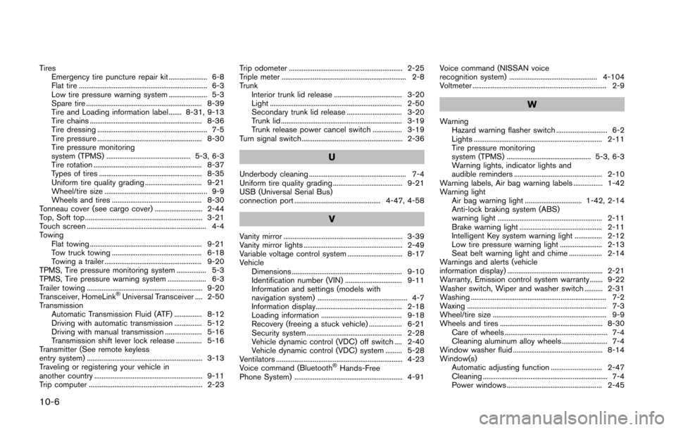 NISSAN 370Z COUPE 2016 Z34 Owners Manual 10-6
TiresEmergency tire puncture repair kit ..................... 6-8
Flat tire ...................................................................... 6-3
Low tire pressure warning system ...........