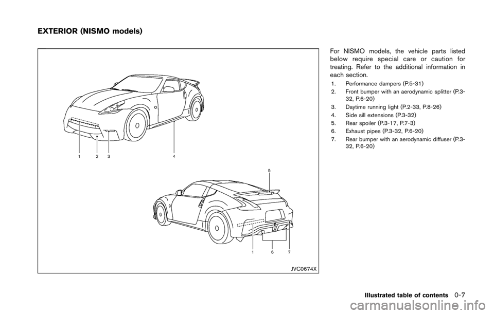 NISSAN 370Z ROADSTER 2016 Z34 Owners Manual JVC0674X
For NISMO models, the vehicle parts listed
below require special care or caution for
treating. Refer to the additional information in
each section.
1. Performance dampers (P.5-31)
2. Front bu