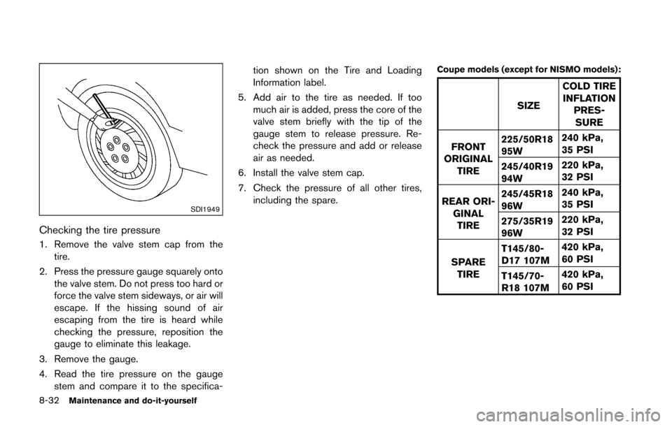 NISSAN 370Z ROADSTER 2016 Z34 Owners Manual 8-32Maintenance and do-it-yourself
SDI1949
Checking the tire pressure
1. Remove the valve stem cap from thetire.
2. Press the pressure gauge squarely onto the valve stem. Do not press too hard or
forc NISSAN 370Z ROADSTER 2016 Z34 Owners Manual 8-32Maintenance and do-it-yourself
SDI1949
Checking the tire pressure
1. Remove the valve stem cap from thetire.
2. Press the pressure gauge squarely onto the valve stem. Do not press too hard or
forc