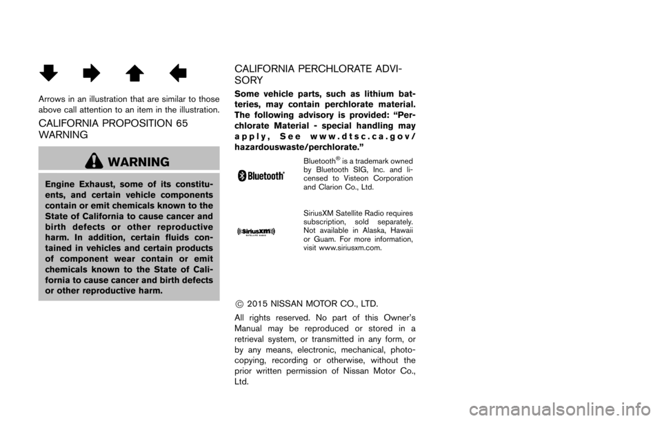 NISSAN 370Z ROADSTER 2016 Z34 Owners Manual Arrows in an illustration that are similar to those
above call attention to an item in the illustration.
CALIFORNIA PROPOSITION 65
WARNING
WARNING
Engine Exhaust, some of its constitu-
ents, and certa NISSAN 370Z ROADSTER 2016 Z34 Owners Manual Arrows in an illustration that are similar to those
above call attention to an item in the illustration.
CALIFORNIA PROPOSITION 65
WARNING
WARNING
Engine Exhaust, some of its constitu-
ents, and certa