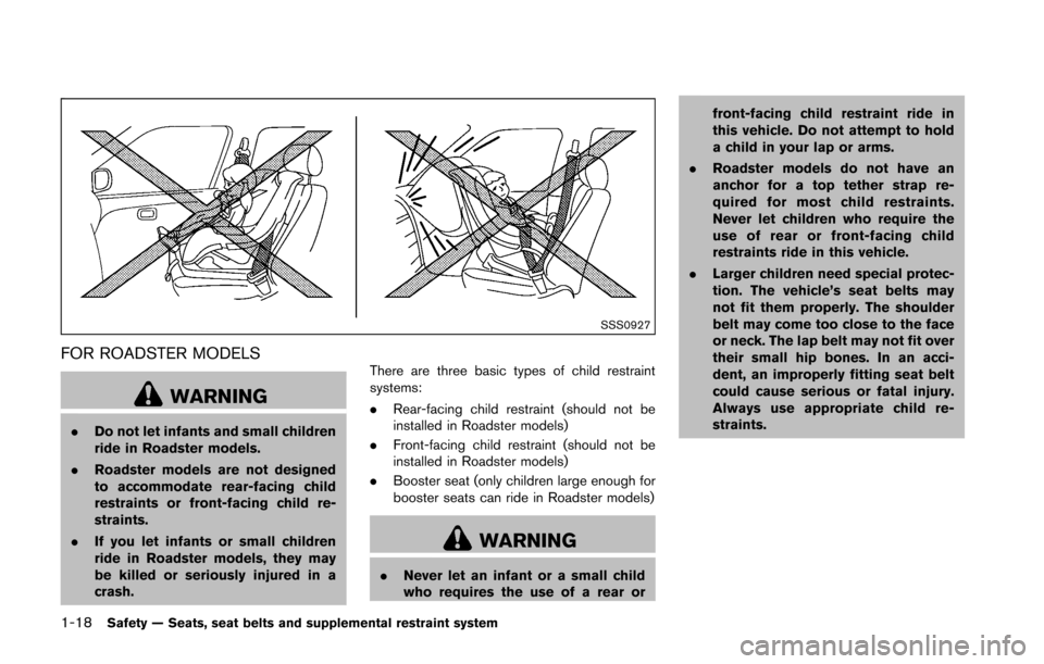 NISSAN 370Z ROADSTER 2016 Z34 Owners Manual 1-18Safety — Seats, seat belts and supplemental restraint system
SSS0927
FOR ROADSTER MODELS
WARNING
.Do not let infants and small children
ride in Roadster models.
. Roadster models are not designe NISSAN 370Z ROADSTER 2016 Z34 Owners Manual 1-18Safety — Seats, seat belts and supplemental restraint system
SSS0927
FOR ROADSTER MODELS
WARNING
.Do not let infants and small children
ride in Roadster models.
. Roadster models are not designe