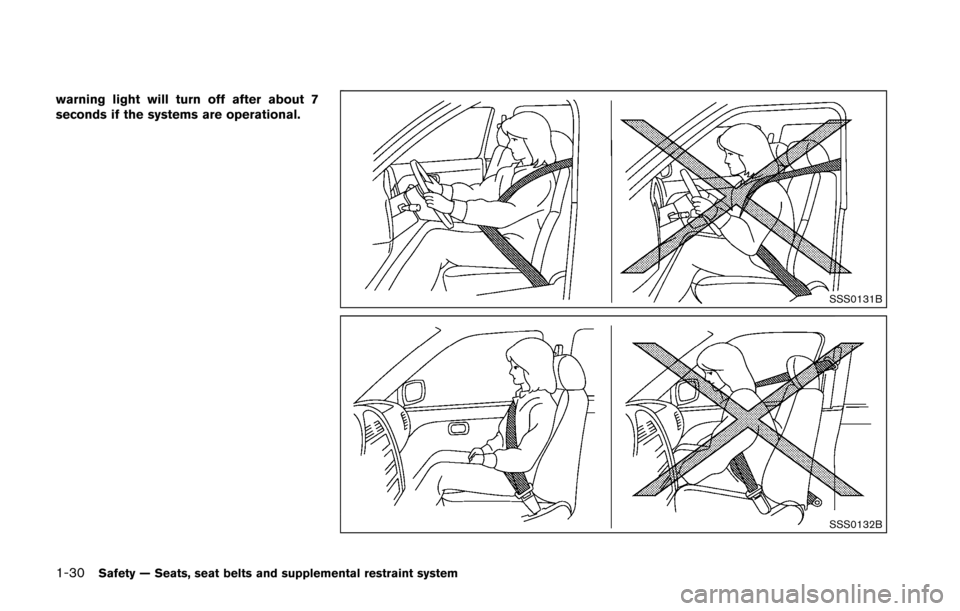 NISSAN 370Z ROADSTER 2016 Z34 Owners Manual 1-30Safety — Seats, seat belts and supplemental restraint system
warning light will turn off after about 7
seconds if the systems are operational.
SSS0131B
SSS0132B 
