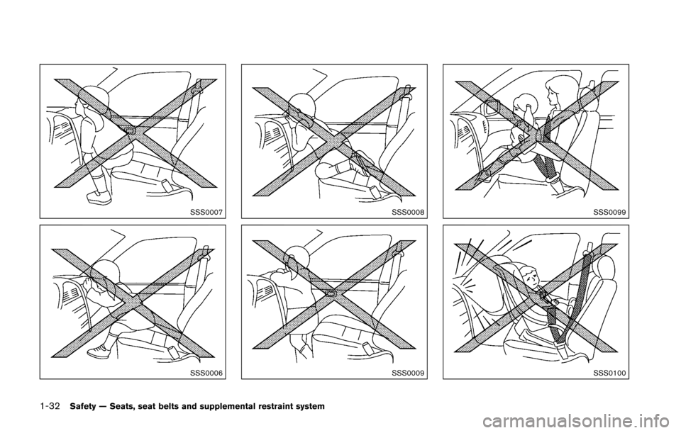 NISSAN 370Z ROADSTER 2016 Z34 Owners Manual 1-32Safety — Seats, seat belts and supplemental restraint system
SSS0007
SSS0006
SSS0008
SSS0009
SSS0099
SSS0100 