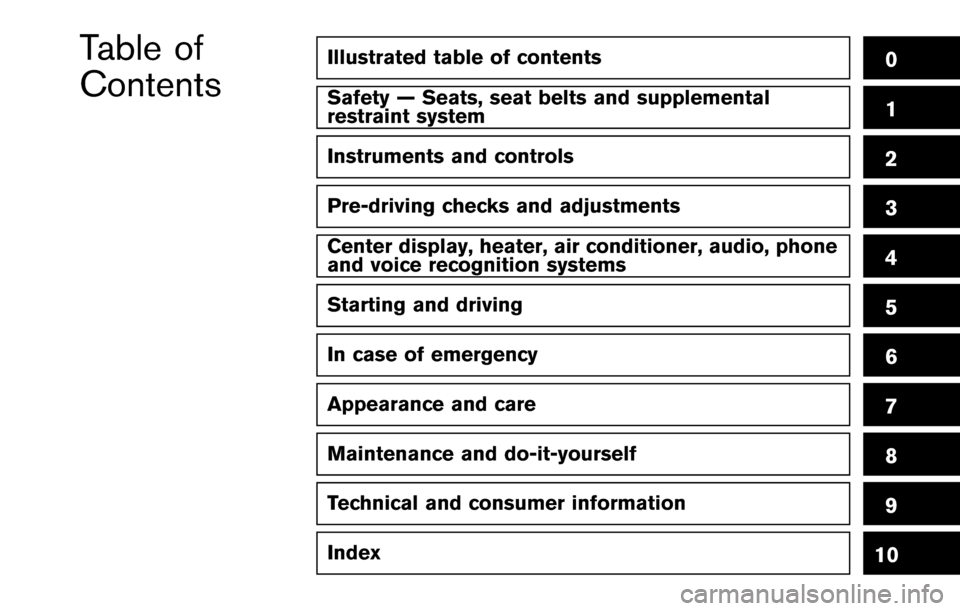 NISSAN 370Z ROADSTER 2016 Z34 Owners Manual Illustrated table of contents0
Safety — Seats, seat belts and supplemental
restraint system1
Instruments and controls
Pre-driving checks and adjustments
Center display, heater, air conditioner, audi