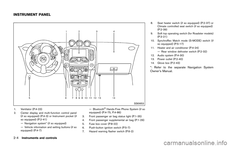NISSAN 370Z ROADSTER 2016 Z34 Owners Manual 2-4Instruments and controls
SSI0653
1. Ventilator (P.4-23)
2. Center display and multi-function control panel(if so equipped) (P.4-3) or Instrument pocket (if
so equipped) (P.2-41)
— Navigation syst NISSAN 370Z ROADSTER 2016 Z34 Owners Manual 2-4Instruments and controls
SSI0653
1. Ventilator (P.4-23)
2. Center display and multi-function control panel(if so equipped) (P.4-3) or Instrument pocket (if
so equipped) (P.2-41)
— Navigation syst