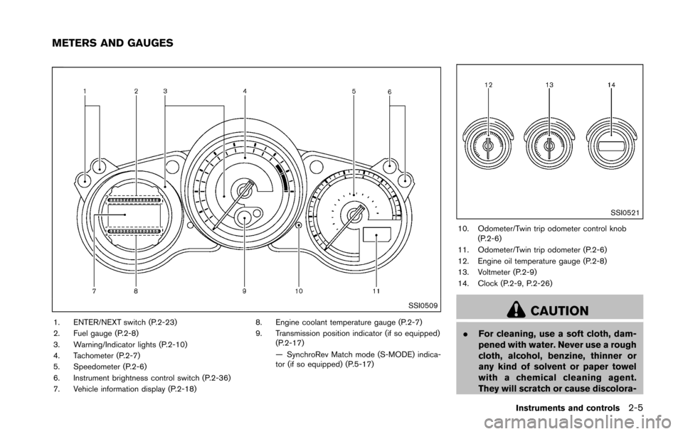 NISSAN 370Z ROADSTER 2016 Z34 Owners Manual SSI0509
1. ENTER/NEXT switch (P.2-23)
2. Fuel gauge (P.2-8)
3. Warning/Indicator lights (P.2-10)
4. Tachometer (P.2-7)
5. Speedometer (P.2-6)
6. Instrument brightness control switch (P.2-36)
7. Vehicl