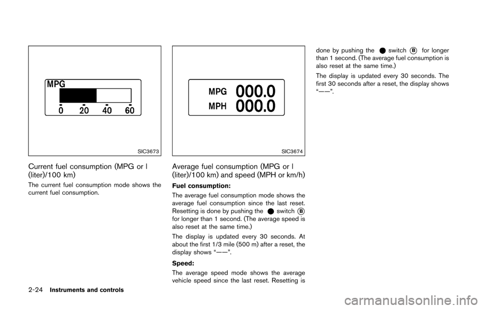 NISSAN 370Z ROADSTER 2016 Z34 Owners Manual 2-24Instruments and controls
SIC3673
Current fuel consumption (MPG or l
(liter)/100 km)
The current fuel consumption mode shows the
current fuel consumption.
SIC3674
Average fuel consumption (MPG or l