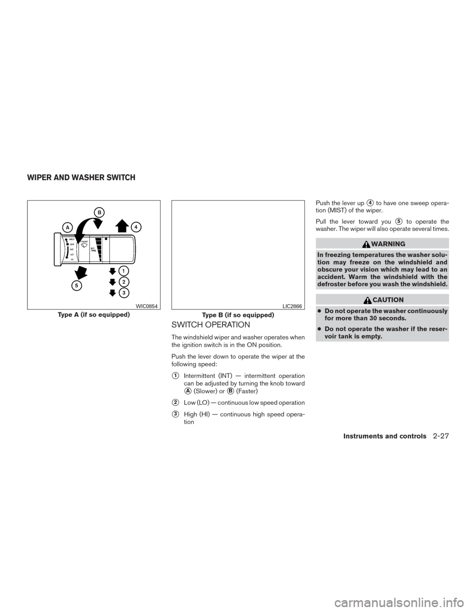 NISSAN FRONTIER 2016 D23 / 3.G Owners Manual SWITCH OPERATION
The windshield wiper and washer operates when
the ignition switch is in the ON position.
Push the lever down to operate the wiper at the
following speed:
1Intermittent (INT) — inte NISSAN FRONTIER 2016 D23 / 3.G Owners Manual SWITCH OPERATION
The windshield wiper and washer operates when
the ignition switch is in the ON position.
Push the lever down to operate the wiper at the
following speed:
1Intermittent (INT) — inte