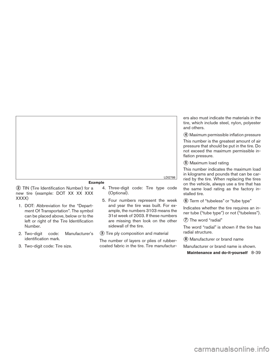 NISSAN FRONTIER 2016 D23 / 3.G Owners Manual 2TIN (Tire Identification Number) for a
new tire (example: DOT XX XX XXX
XXXX)
1. DOT: Abbreviation for the “Depart- ment Of Transportation”. The symbol
can be placed above, below or to the
left NISSAN FRONTIER 2016 D23 / 3.G Owners Manual 2TIN (Tire Identification Number) for a
new tire (example: DOT XX XX XXX
XXXX)
1. DOT: Abbreviation for the “Depart- ment Of Transportation”. The symbol
can be placed above, below or to the
left