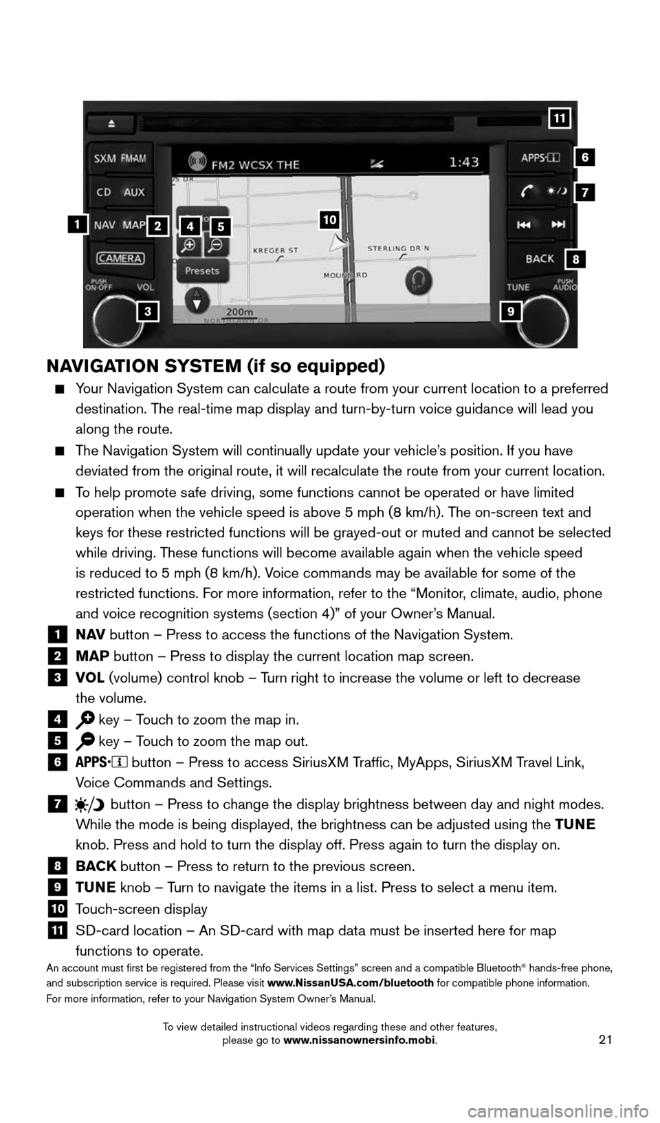 NISSAN FRONTIER 2016 D23 / 3.G Quick Reference Guide 21
NAVIGATION SYSTEM (if so equipped)
Your Navigation System can calculate a route from your current location t\
o a preferred
destination. The real-time map display and turn-by-turn voice guidan NISSAN FRONTIER 2016 D23 / 3.G Quick Reference Guide 21
NAVIGATION SYSTEM (if so equipped)
Your Navigation System can calculate a route from your current location t\
o a preferred
destination. The real-time map display and turn-by-turn voice guidan