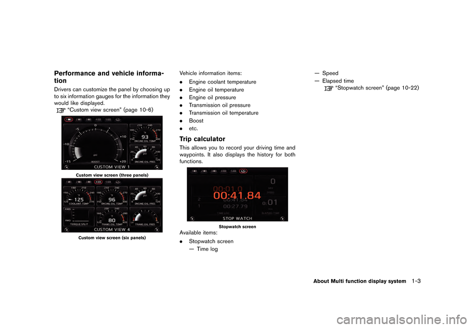 NISSAN GT-R 2016 R35 Multi Function Display Owners Manual ������
�> �(�G�L�W� ����� ��� � �0�R�G�H�O� �5����1 �@
Performance and vehicle informa-
tion
Drivers can customize the panel by choosing up
to six information gauges for the inform
