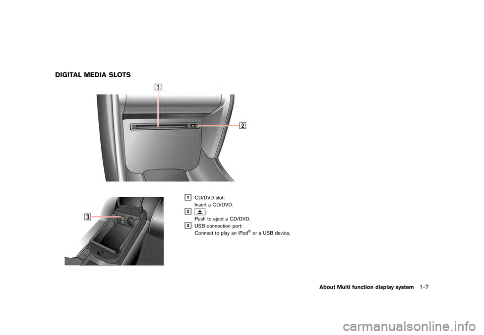 NISSAN GT-R 2016 R35 Multi Function Display Owners Manual ������
�> �(�G�L�W� ����� ��� � �0�R�G�H�O� �5����1 �@
DIGITAL MEDIA SLOTS
&1CD/DVD slot:
Insert a CD/DVD.
&2:
Push to eject a CD/DVD.
&3USB connection port:
Connect to play an iPo