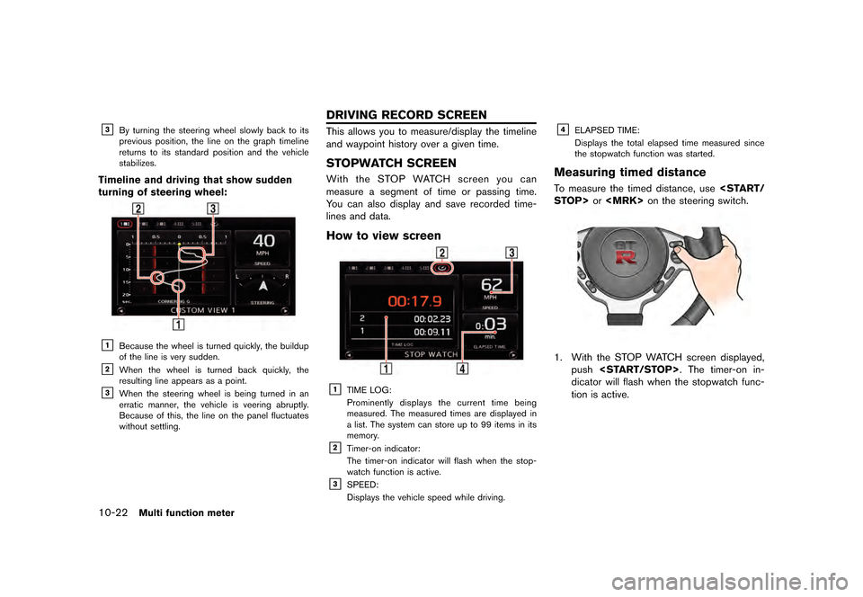NISSAN GT-R 2016 R35 Multi Function Display Owners Manual �������
�> �(�G�L�W� ����� ��� � �0�R�G�H�O� �5����1 �@
10-22Multi function meter
&3By turning the steering wheel slowly back to its
previous position, the line on the graph timel