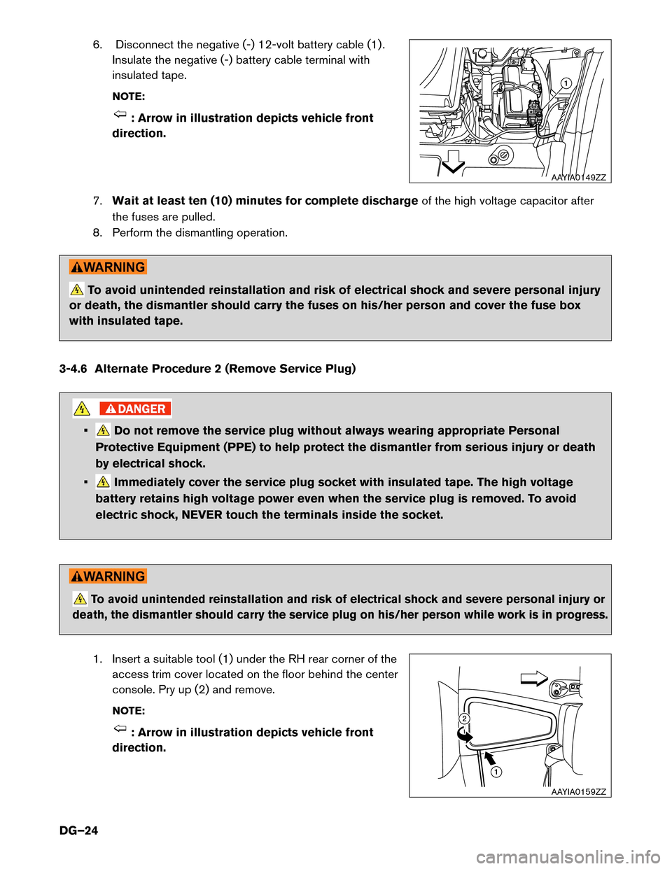 NISSAN LEAF 2016 1.G Dismantling Guide 6. Disconnect the negative (-) 12-volt battery cable (1) .
Insulate the negative (-) battery cable terminal with
insulated tape.
NOTE: : Arrow in illustration depicts vehicle front
direction.
7. Wait
NISSAN LEAF 2016 1.G Dismantling Guide 6. Disconnect the negative (-) 12-volt battery cable (1) .
Insulate the negative (-) battery cable terminal with
insulated tape.
NOTE: : Arrow in illustration depicts vehicle front
direction.
7. Wait