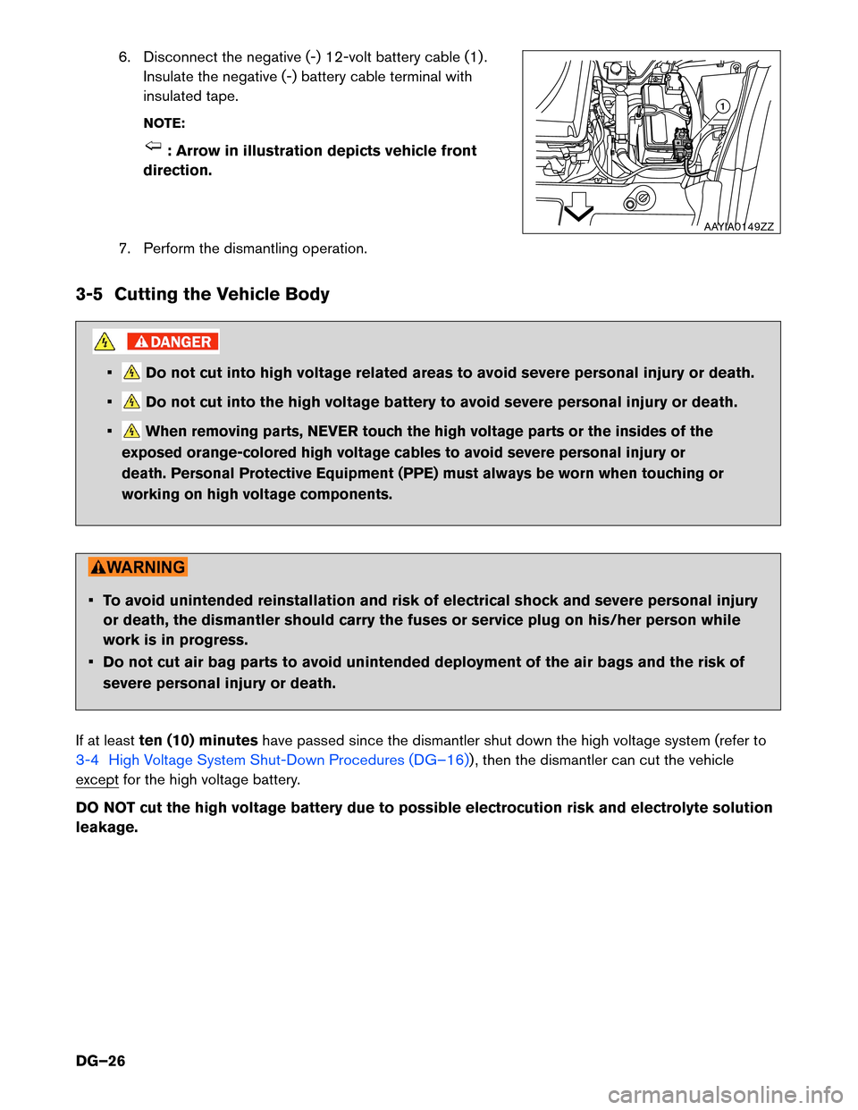 NISSAN LEAF 2016 1.G Dismantling Guide 6. Disconnect the negative (-) 12-volt battery cable (1) .
Insulate the negative (-) battery cable terminal with
insulated tape.
NOTE: : Arrow in illustration depicts vehicle front
direction.
7.
Perf NISSAN LEAF 2016 1.G Dismantling Guide 6. Disconnect the negative (-) 12-volt battery cable (1) .
Insulate the negative (-) battery cable terminal with
insulated tape.
NOTE: : Arrow in illustration depicts vehicle front
direction.
7.
Perf