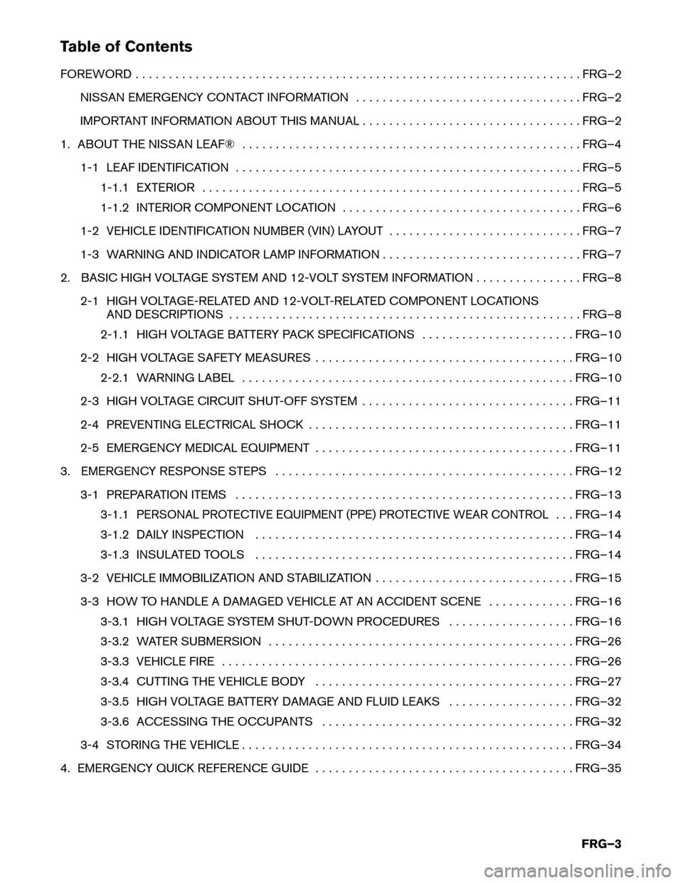 NISSAN LEAF 2016 1.G First Responders Guide Table of Contents
FOREWORD
. . . . . . . . . . . . . . . . . . . . . . . . . . . . . . . . . . . . . . . . . . . . . . . . . . . . . . . . . . . . . . . . . . . FRG–2
NISSAN EMERGENCY CONTACT INFORM NISSAN LEAF 2016 1.G First Responders Guide Table of Contents
FOREWORD
. . . . . . . . . . . . . . . . . . . . . . . . . . . . . . . . . . . . . . . . . . . . . . . . . . . . . . . . . . . . . . . . . . . FRG–2
NISSAN EMERGENCY CONTACT INFORM