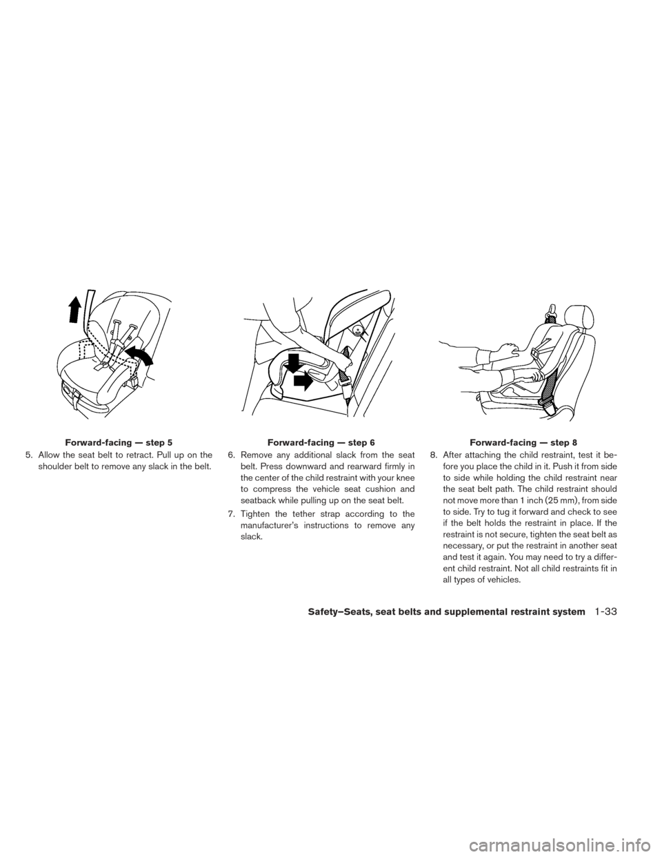 NISSAN LEAF 2016 1.G Owners Manual 5. Allow the seat belt to retract. Pull up on theshoulder belt to remove any slack in the belt. 6. Remove any additional slack from the seat
belt. Press downward and rearward firmly in
the center of t NISSAN LEAF 2016 1.G Owners Manual 5. Allow the seat belt to retract. Pull up on theshoulder belt to remove any slack in the belt. 6. Remove any additional slack from the seat
belt. Press downward and rearward firmly in
the center of t