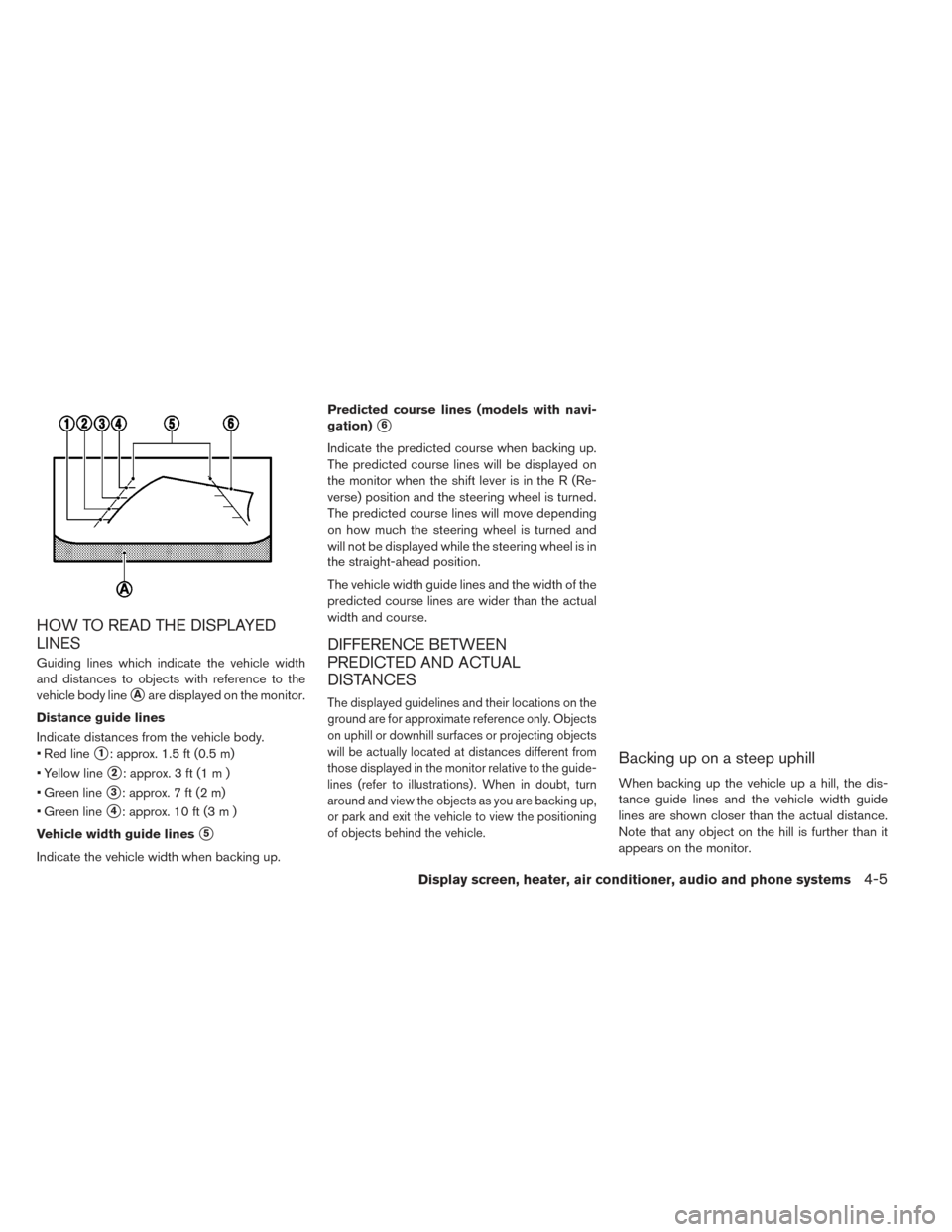 NISSAN LEAF 2016 1.G Owners Manual HOW TO READ THE DISPLAYED
LINES
Guiding lines which indicate the vehicle width
and distances to objects with reference to the
vehicle body line
Aare displayed on the monitor.
Distance guide lines
Ind NISSAN LEAF 2016 1.G Owners Manual HOW TO READ THE DISPLAYED
LINES
Guiding lines which indicate the vehicle width
and distances to objects with reference to the
vehicle body line
Aare displayed on the monitor.
Distance guide lines
Ind