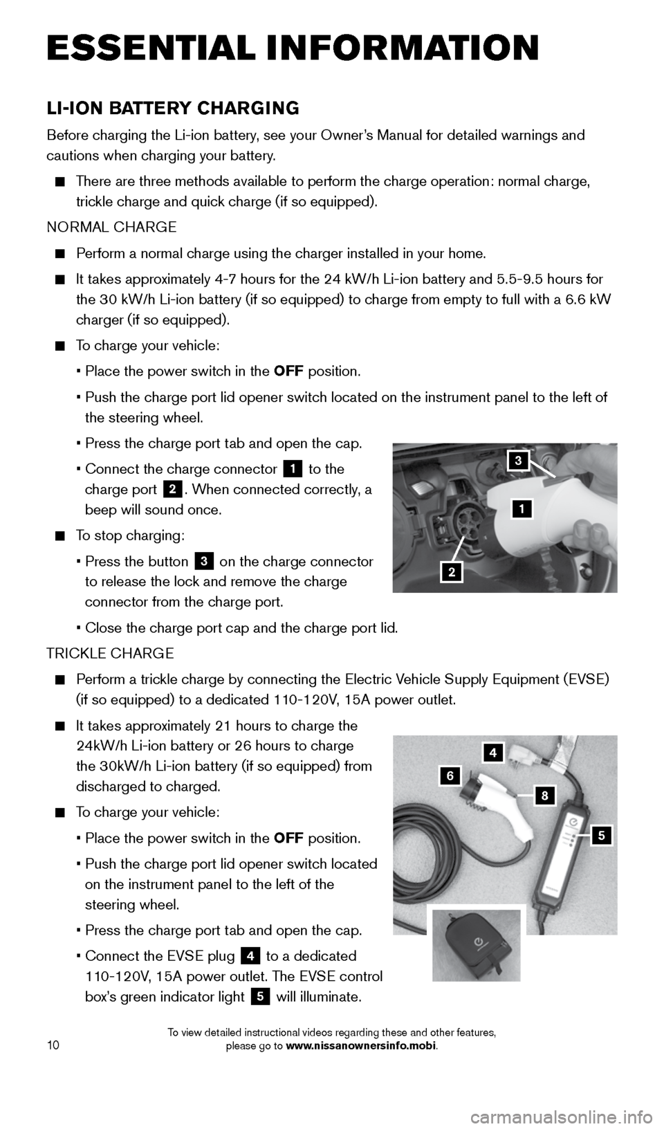 NISSAN LEAF 2016 1.G Quick Reference Guide 10
LI-ION BATTERY CHARGING
Before charging the Li-ion battery, see your Owner’s Manual for detailed warnings and 
cautions when charging your battery.
 
   There are three methods available to perfo