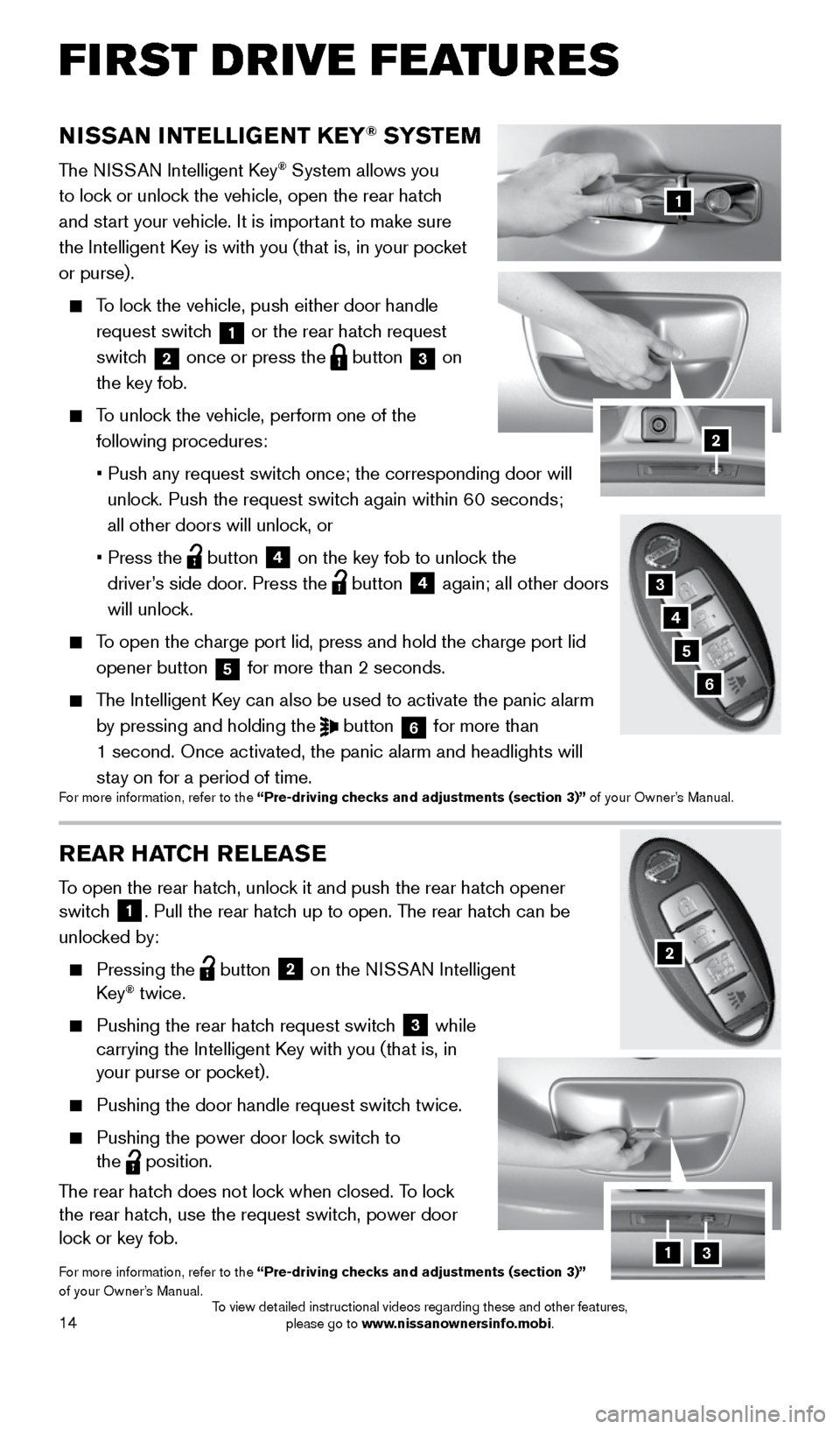 NISSAN LEAF 2016 1.G Quick Reference Guide 14
REAR HATCH RELEASE
To open the rear hatch, unlock it and push the rear hatch opener 
switch 1. Pull the rear hatch up to open. The rear hatch can be 
unlocked by:
 
   Pressing  the   button
 2 on 