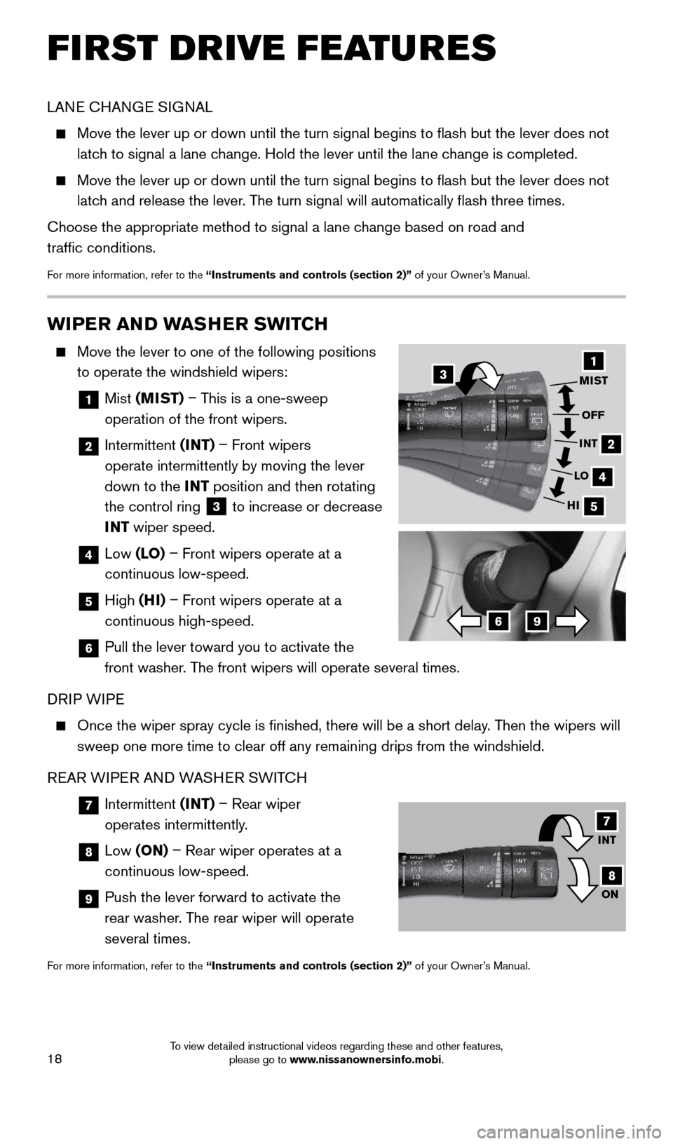 NISSAN LEAF 2016 1.G Quick Reference Guide 18
LANE CHANGE SIGNAL
Move the lever up or down until the turn signal begins to flash but th\
e lever does not
latch to signal a lane change. Hold the lever until the lane change is completed.
NISSAN LEAF 2016 1.G Quick Reference Guide 18
LANE CHANGE SIGNAL
Move the lever up or down until the turn signal begins to flash but th\
e lever does not
latch to signal a lane change. Hold the lever until the lane change is completed.