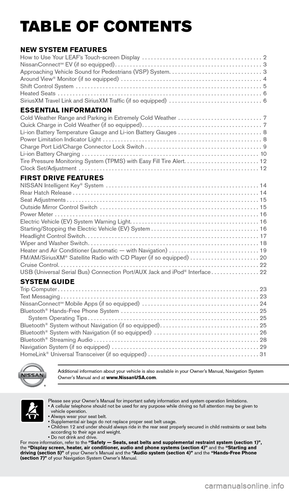 NISSAN LEAF 2016 1.G Quick Reference Guide NEW SYSTEM FEATURESHow to Use Your LEAF’s Touch-screen Display ........................................2
NissanConnectsm EV (if so equipped) ................................................. 3 
Appr