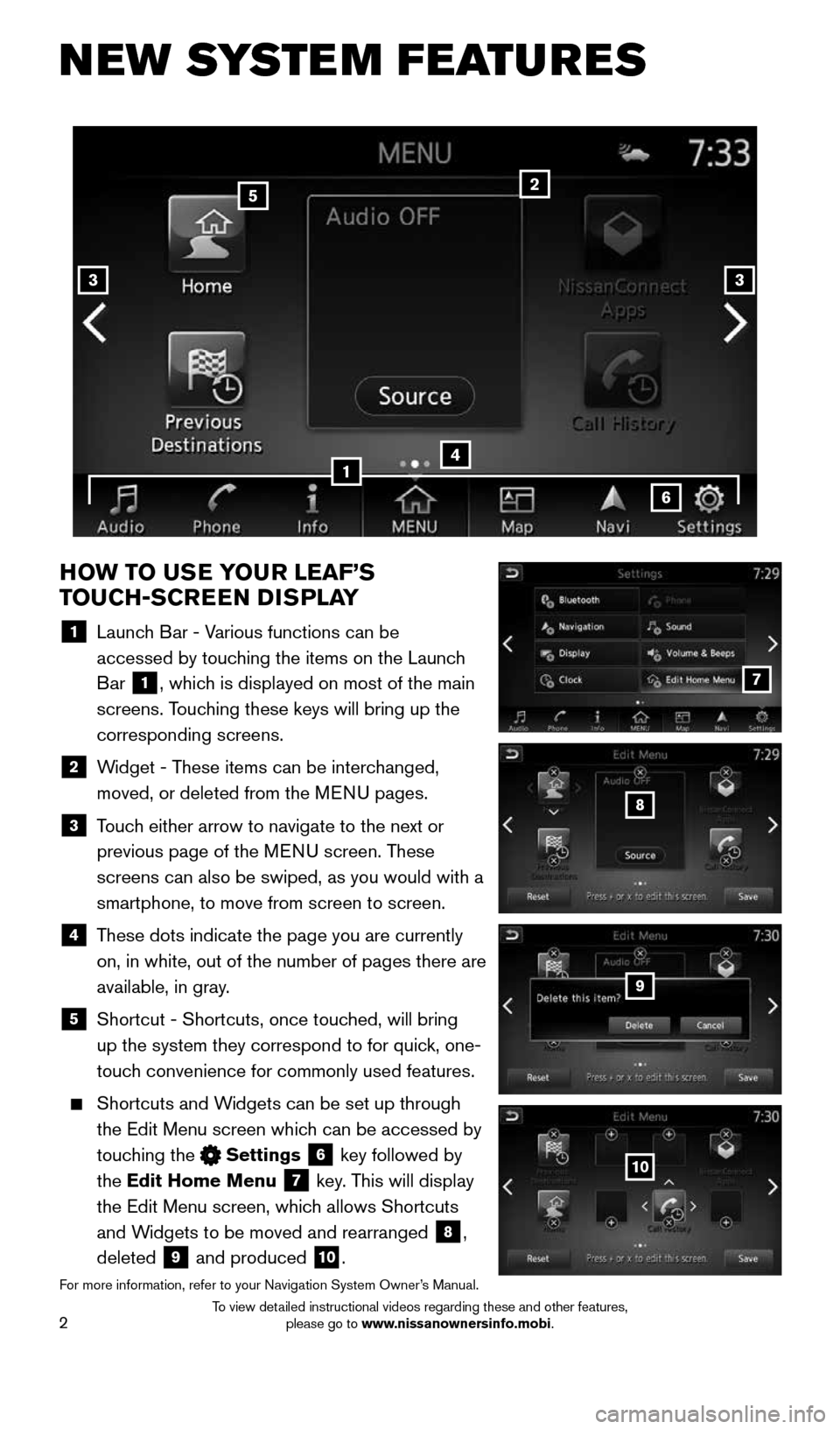 NISSAN LEAF 2016 1.G Quick Reference Guide 2
NEW SYSTEM FEATURES
HOW TO USE YOUR LEAF’S  
TOUCH-SCREEN DISPLAY
1    Launch Bar - Various functions can be  
accessed by touching the items on the Launch 
Bar 
1, which is displayed on most of t