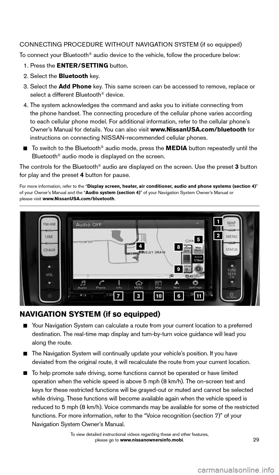 NISSAN LEAF 2016 1.G Quick Reference Guide 29
CONNECTING PROCEDURE WITHOUT NAVIGATION SYSTEM  (if so equipped)
To connect your Bluetooth
® audio device to the vehicle, follow the procedure below:
  1. Press the ENTER/SETTING  button.
  2. Sel