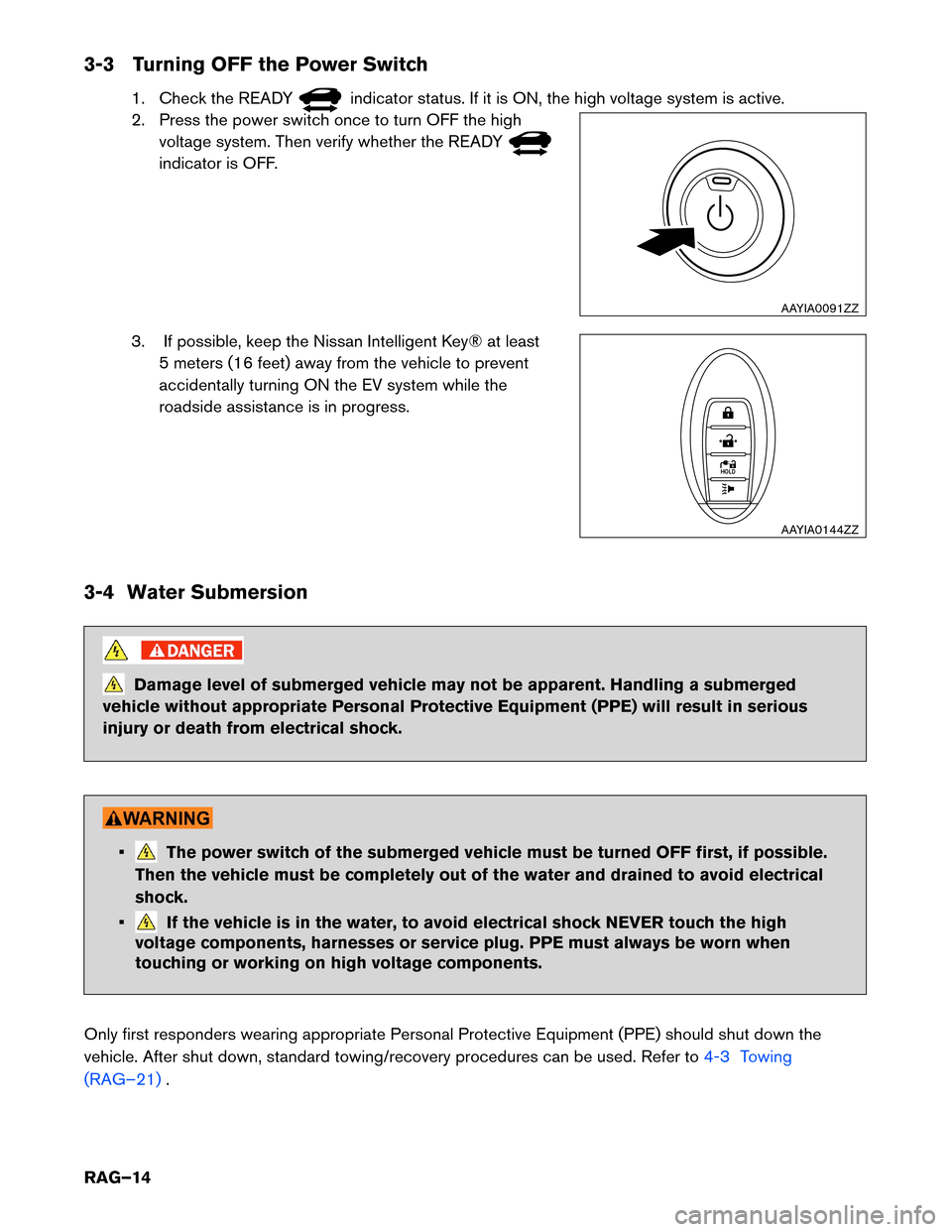 NISSAN LEAF 2016 1.G Roadside Assistance Guide 3-3 Turning OFF the Power Switch
1. Check the READY indicator status. If it is ON, the high voltage system is active.
2.

Press the power switch once to turn OFF the high
voltage system. Then verify w