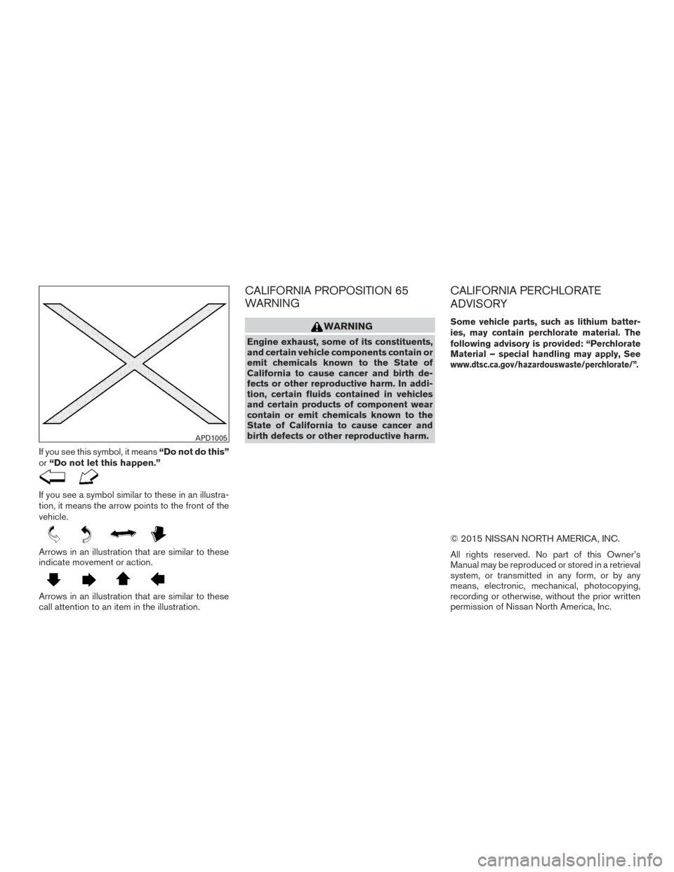 NISSAN MAXIMA 2016 A36 / 8.G Owners Manual If you see this symbol, it means“Do not do this”
or “Do not let this happen.”
If you see a symbol similar to these in an illustra-
tion, it means the arrow points to the front of the
vehicle.
NISSAN MAXIMA 2016 A36 / 8.G Owners Manual If you see this symbol, it means“Do not do this”
or “Do not let this happen.”
If you see a symbol similar to these in an illustra-
tion, it means the arrow points to the front of the
vehicle.