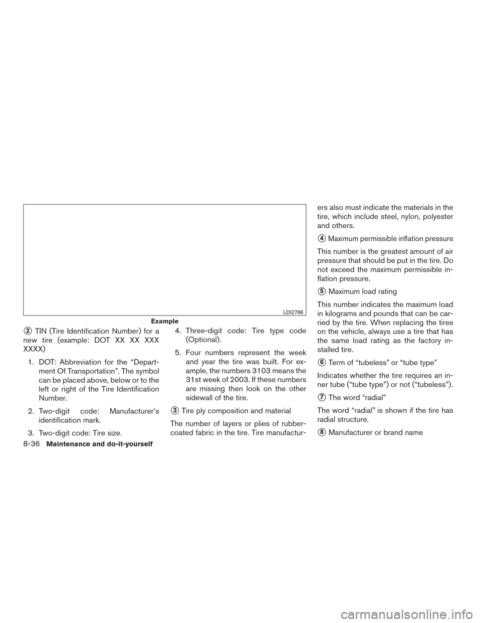 NISSAN MAXIMA 2016 A36 / 8.G Owners Manual 2TIN (Tire Identification Number) for a
new tire (example: DOT XX XX XXX
XXXX)
1. DOT: Abbreviation for the “Depart- ment Of Transportation”. The symbol
can be placed above, below or to the
left NISSAN MAXIMA 2016 A36 / 8.G Owners Manual 2TIN (Tire Identification Number) for a
new tire (example: DOT XX XX XXX
XXXX)
1. DOT: Abbreviation for the “Depart- ment Of Transportation”. The symbol
can be placed above, below or to the
left